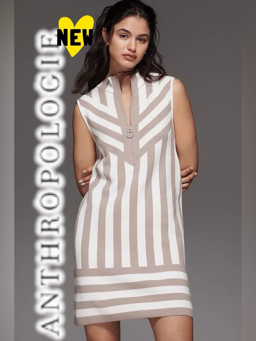 NWT Maeve for Anthropologie Sleeveless mock neck dress tan and white zipper M